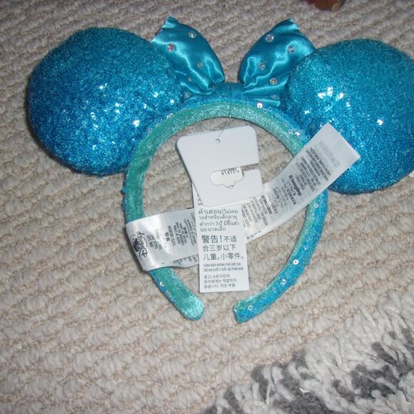 Disney Parks Blue Aqua Sequined Minnie Mouse Ear Headband Crystal Bow NWT 2022 - Picture 3 of 3
